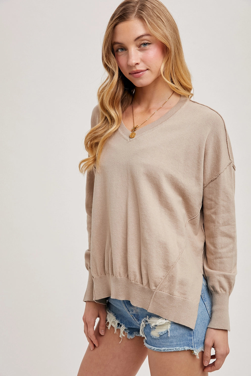 Loose Fit V-Neck Knit Pullover with Side Slit