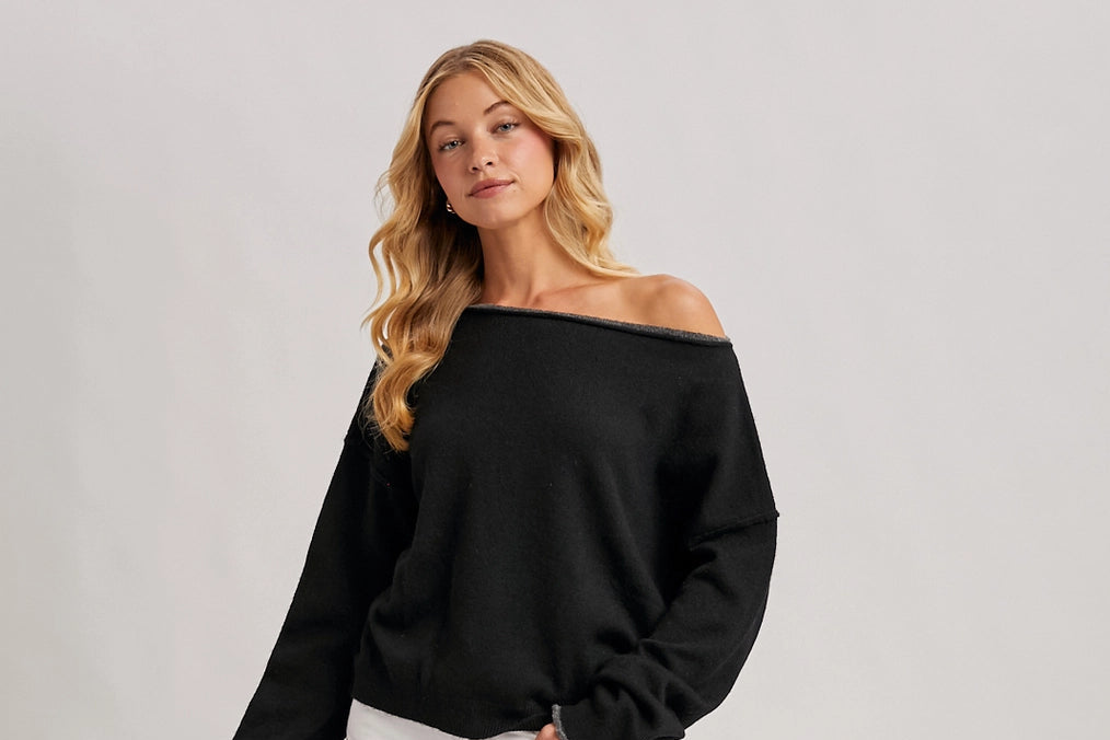 Boat Neck Rolled Trim Soft Heathered Knit Pullover