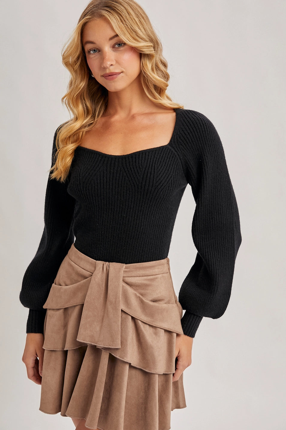 Sweetheart Neck Bishop Sleeves Sweater - Holiday