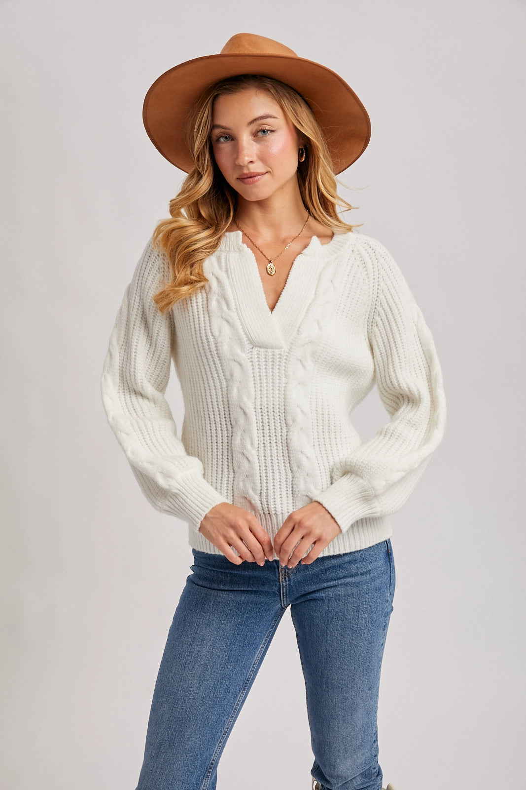 Split-Neck Cable Sweater Knit Pullover