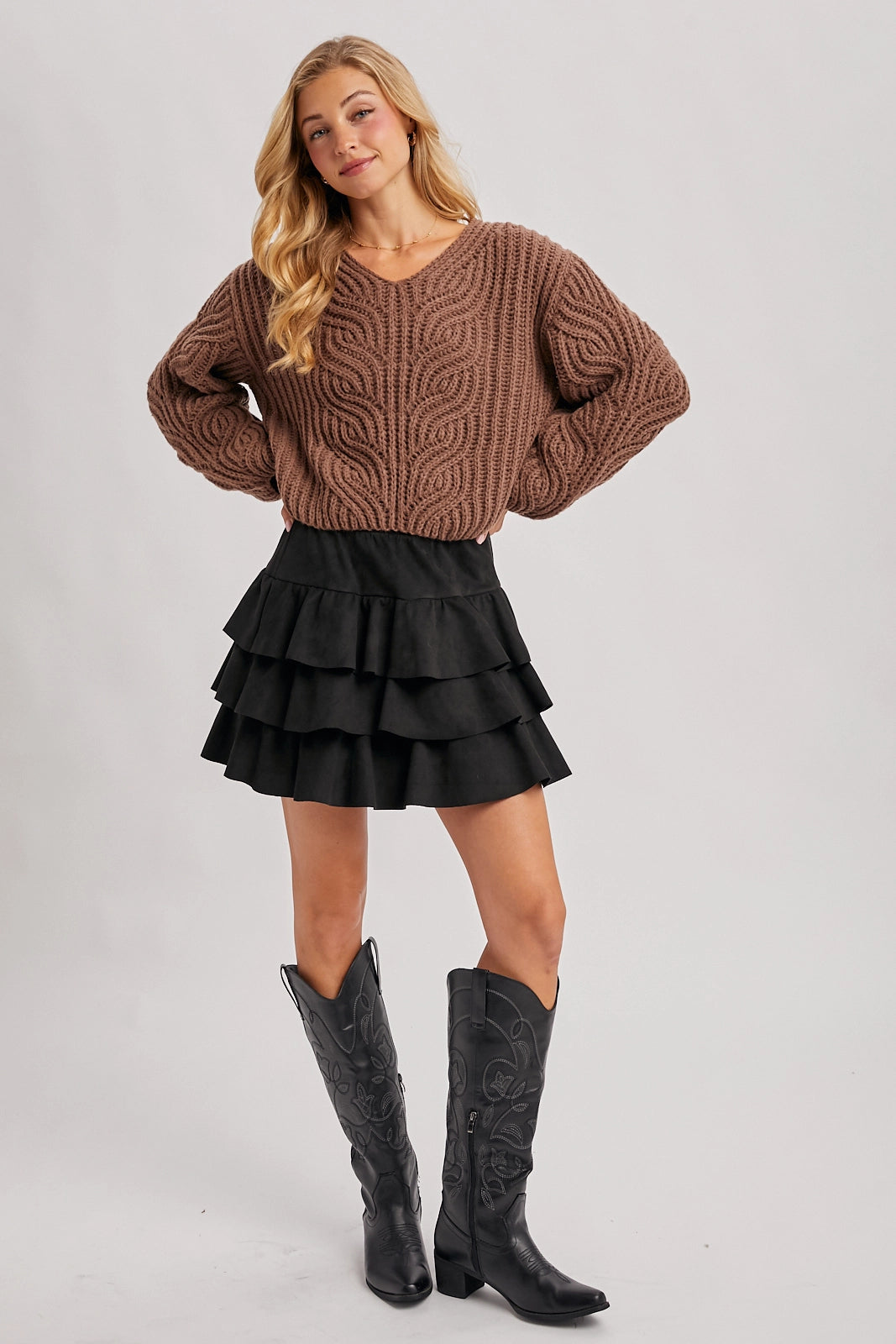 Chunky Cable Knit V-Neck Cropped Sweater