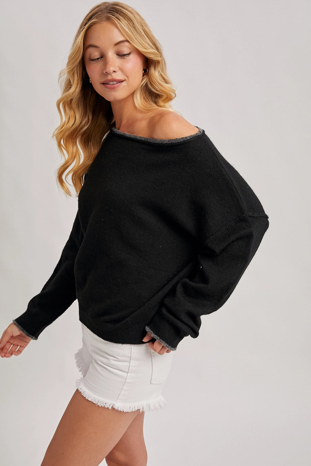 Boat Neck Rolled Trim Soft Heathered Knit Pullover