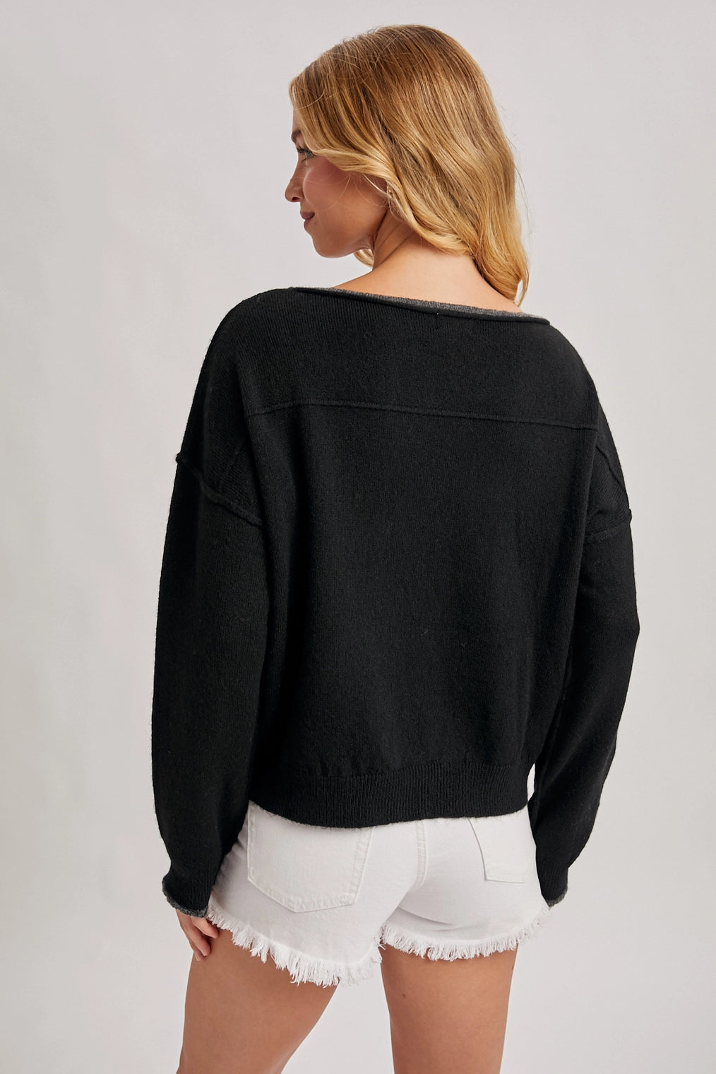 Boat Neck Rolled Trim Soft Heathered Knit Pullover