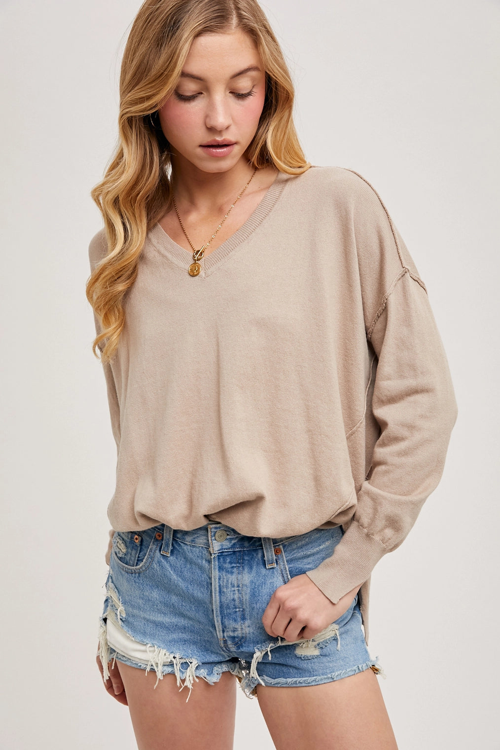 Loose Fit V-Neck Knit Pullover with Side Slit