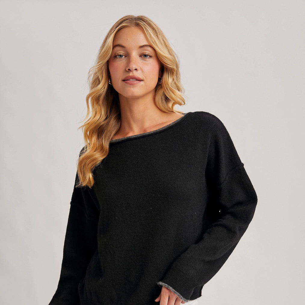 Boat Neck Rolled Trim Soft Heathered Knit Pullover