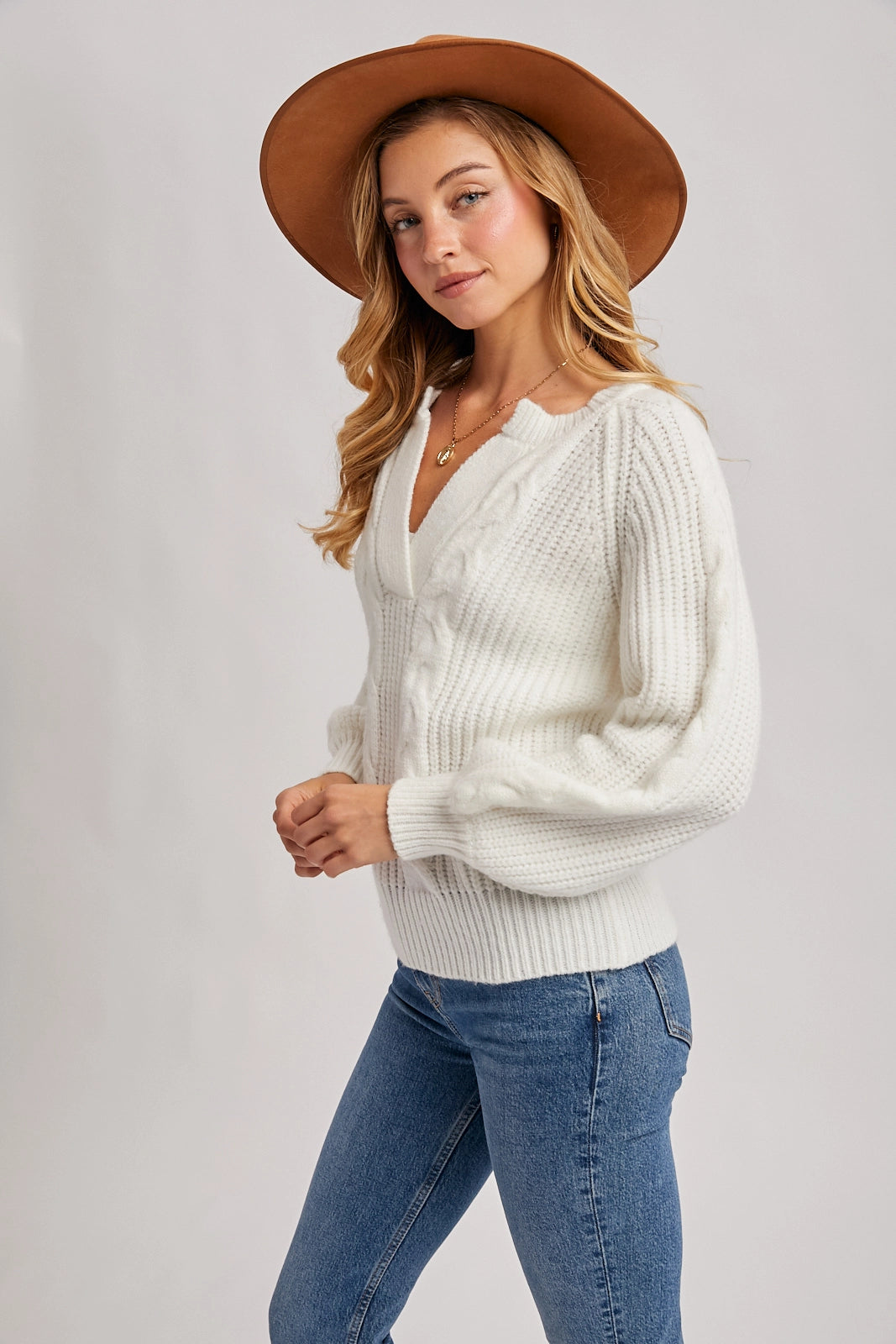 Split-Neck Cable Sweater Knit Pullover