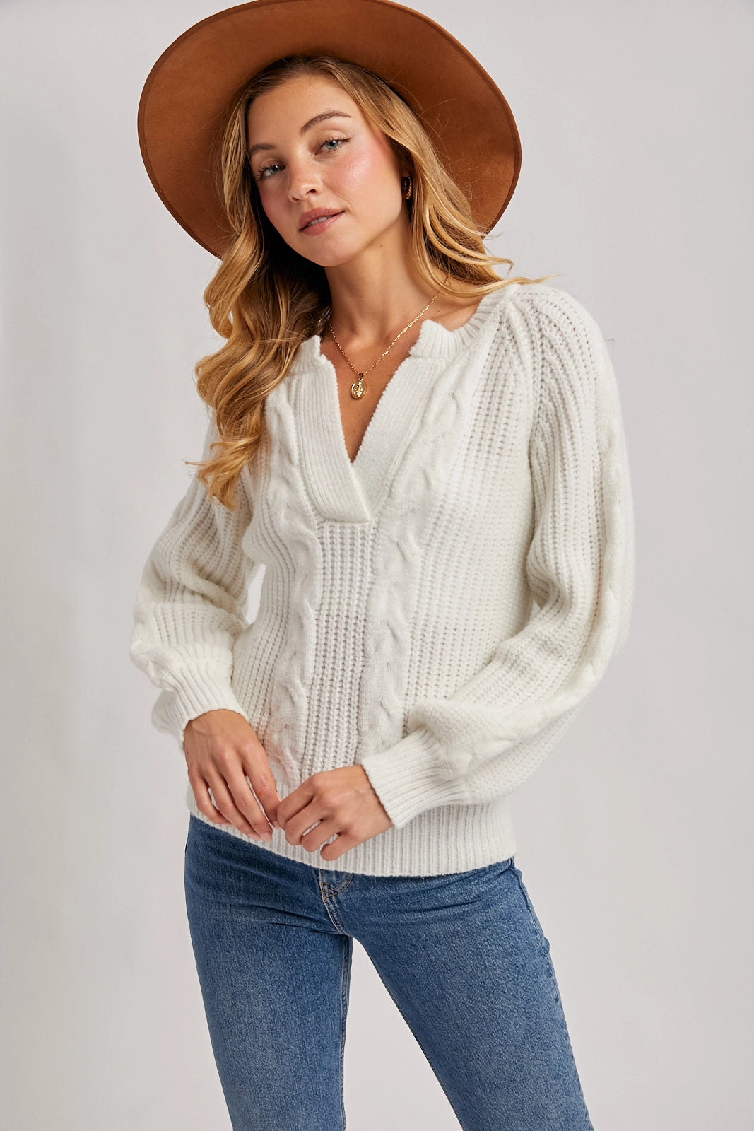 Split-Neck Cable Sweater Knit Pullover
