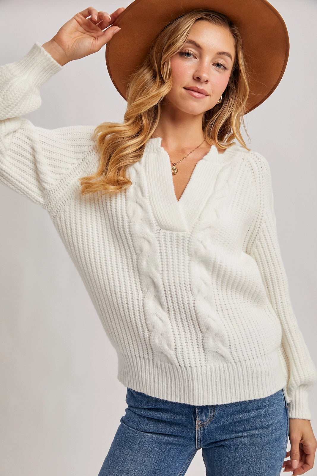 Split-Neck Cable Sweater Knit Pullover