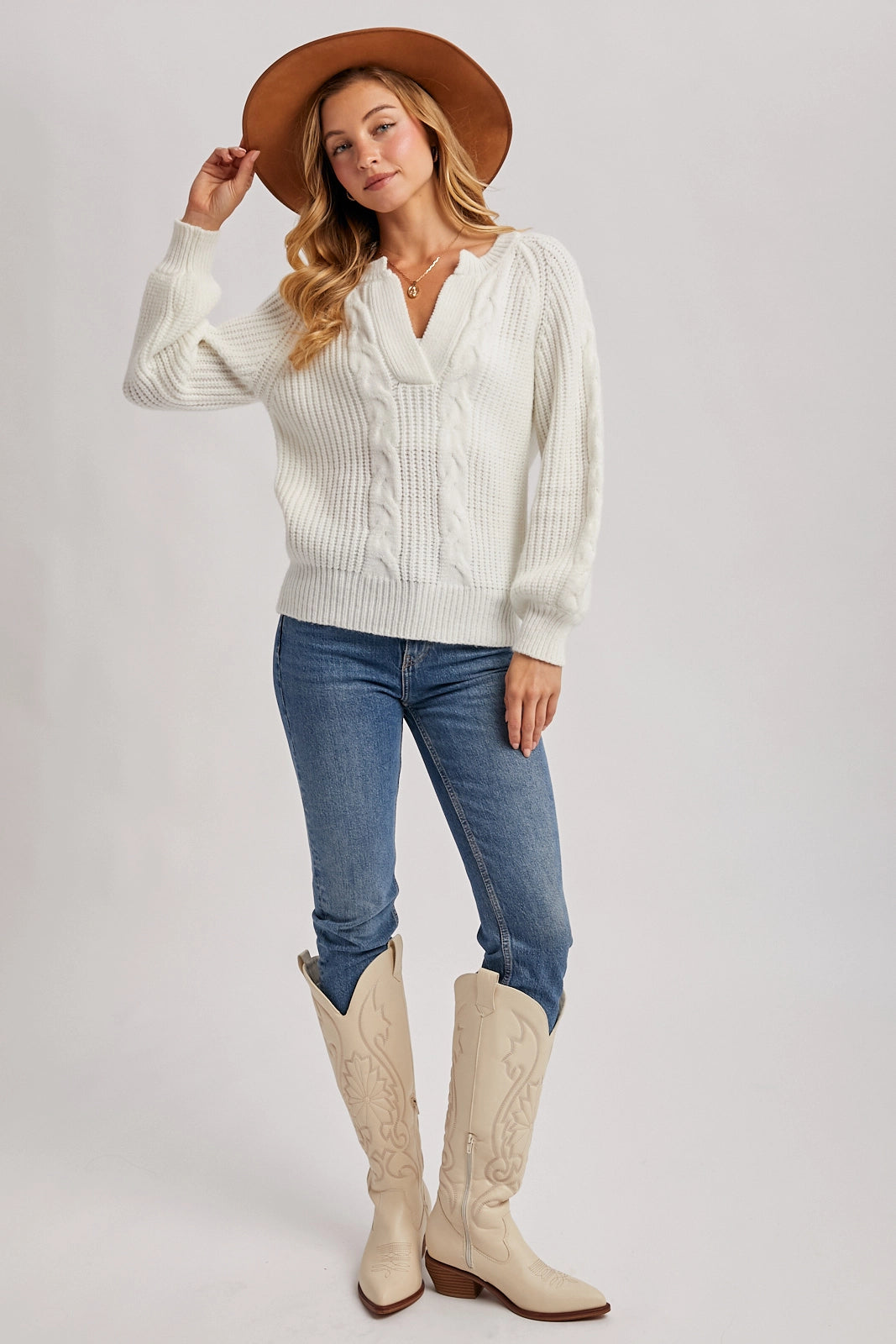 Split-Neck Cable Sweater Knit Pullover