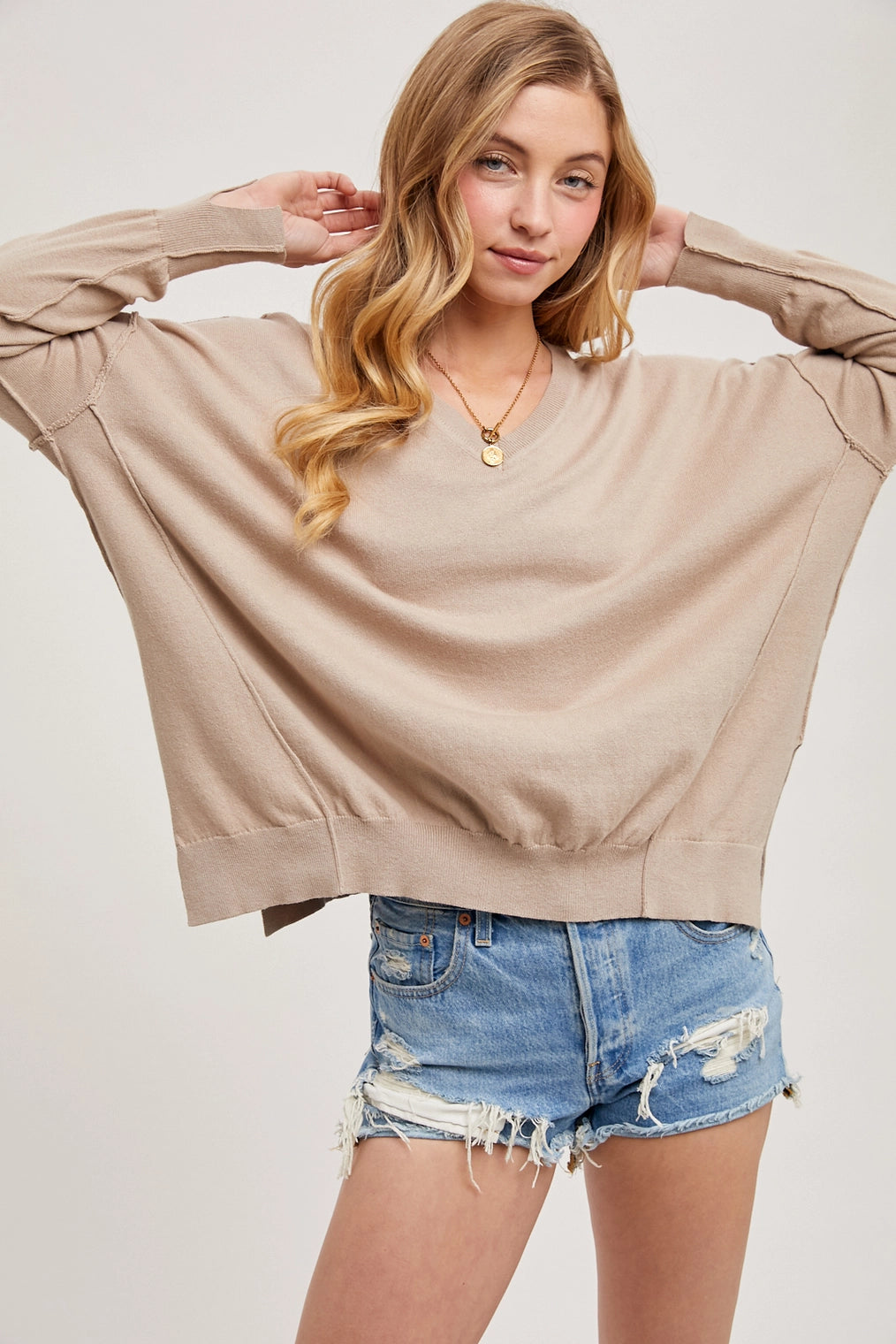 Loose Fit V-Neck Knit Pullover with Side Slit