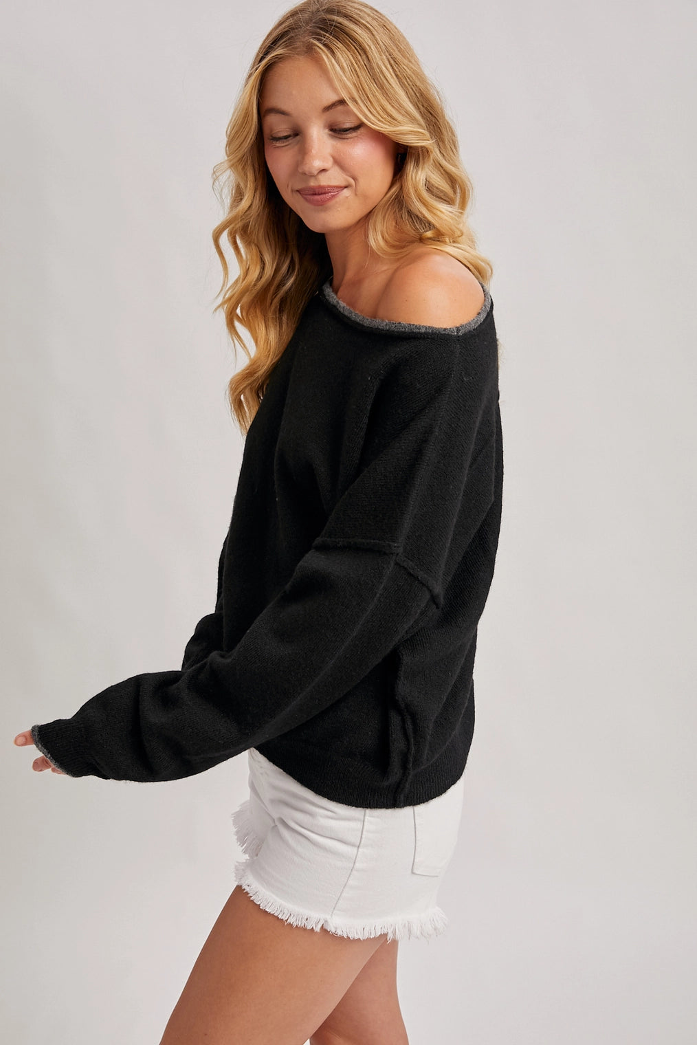 Boat Neck Rolled Trim Soft Heathered Knit Pullover