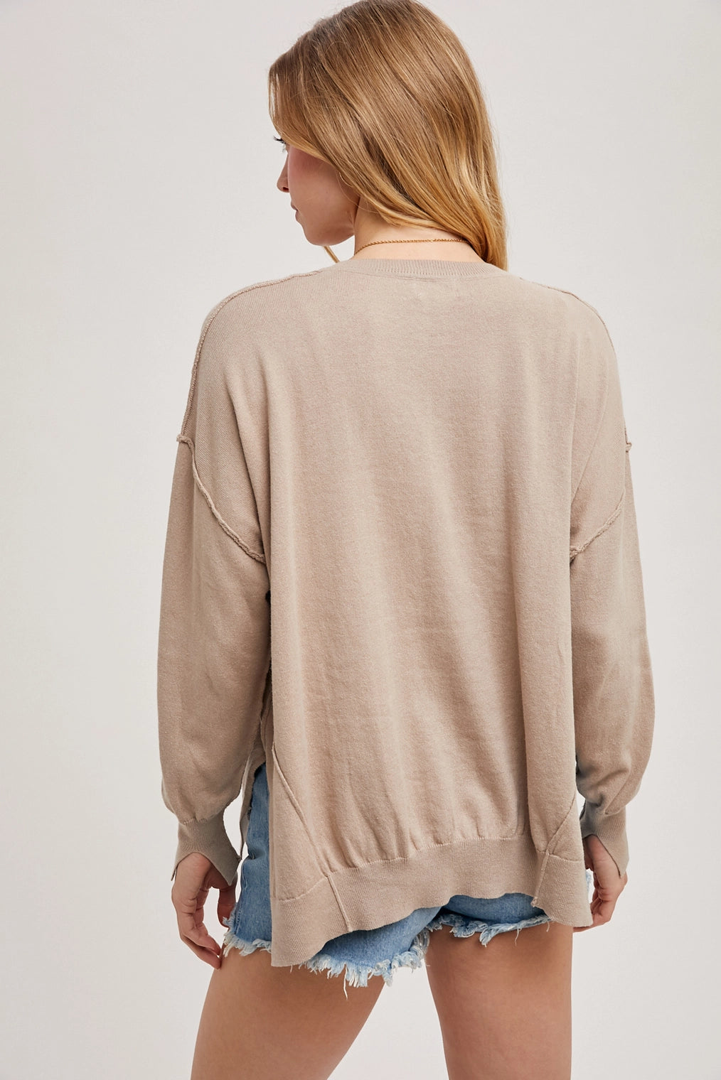 Loose Fit V-Neck Knit Pullover with Side Slit