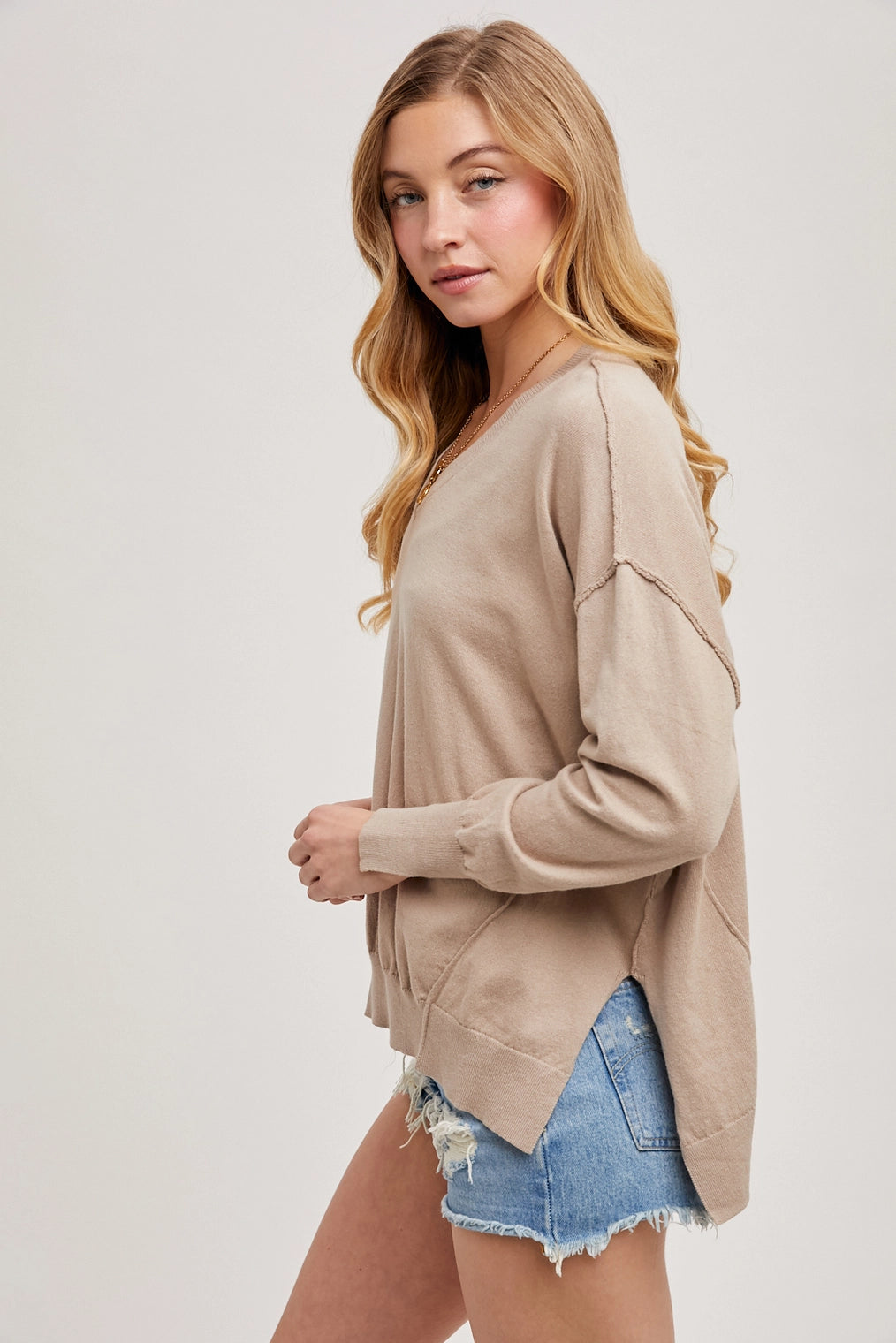 Loose Fit V-Neck Knit Pullover with Side Slit