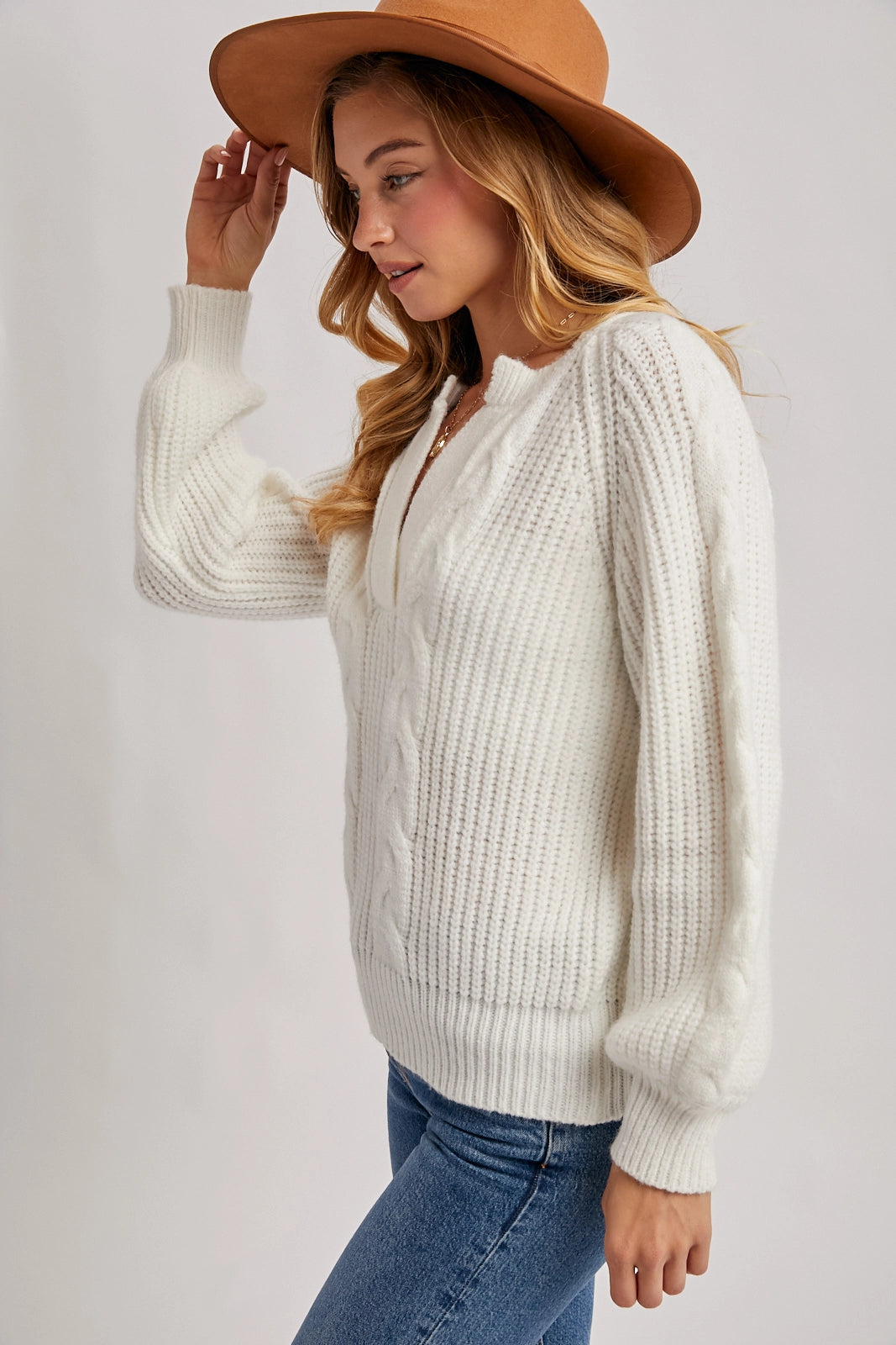 Split-Neck Cable Sweater Knit Pullover