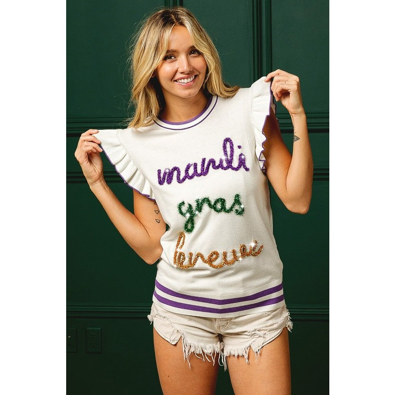 Queen of Mardi Ruffled Armhole Sleeveless Knit Top