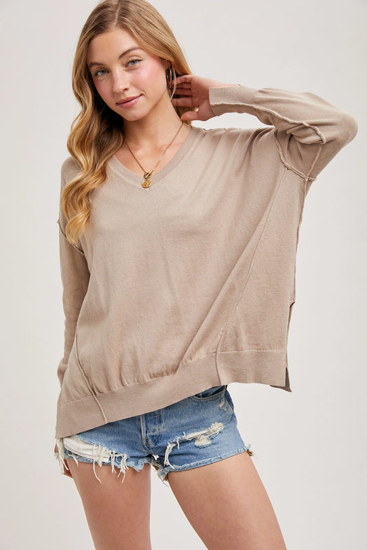 Loose Fit V-Neck Knit Pullover with Side Slit