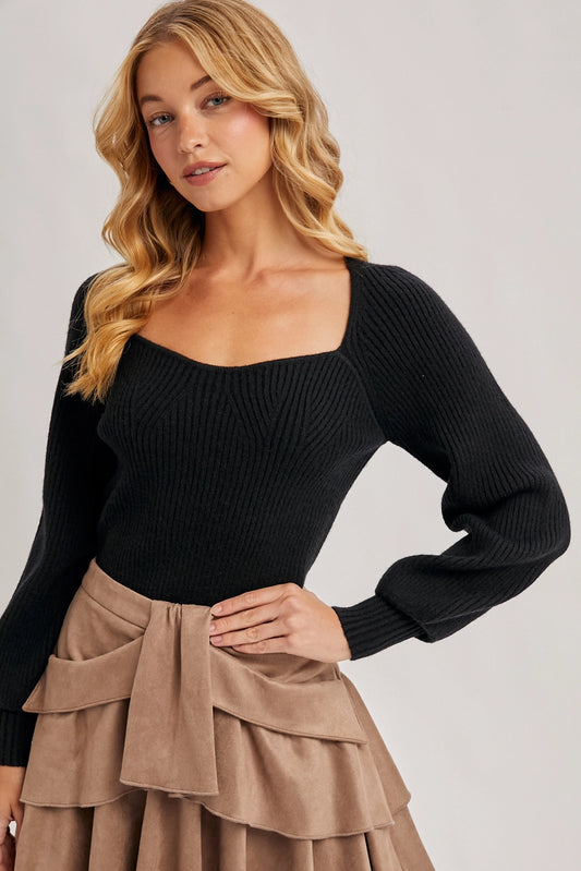 Sweetheart Neck Bishop Sleeves Sweater - Holiday