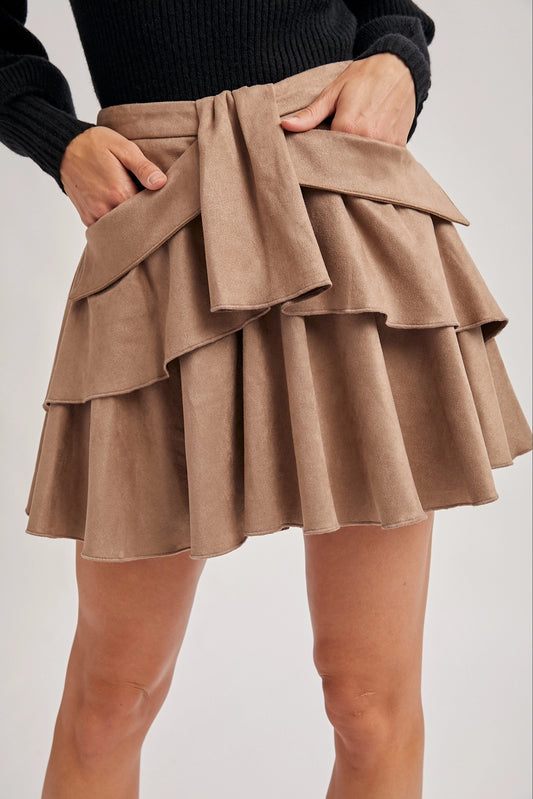 Out on the town suede ruffled mini skirt