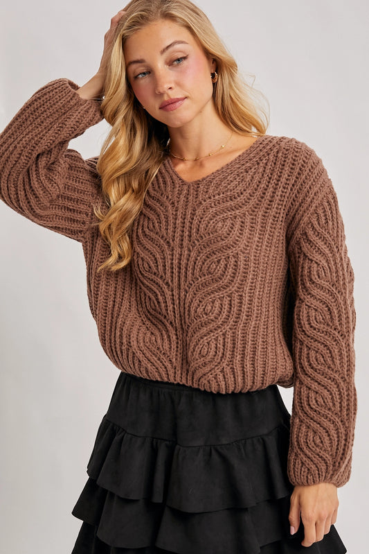 Chunky Cabel Knit V-Neck Cropped Sweater