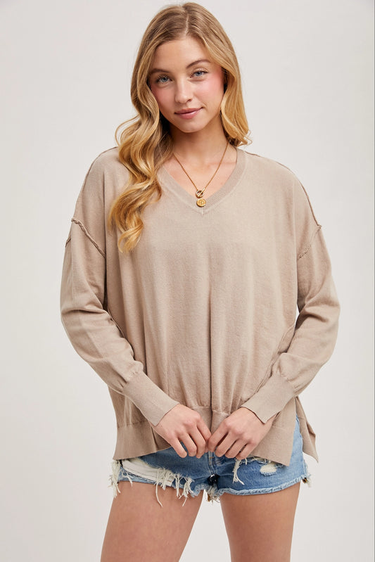 Loose Fit V-Neck Knit Pullover with Side Slit