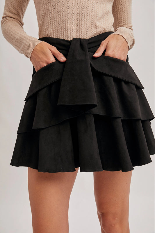 Out on the town suede ruffled mini skirt- Black