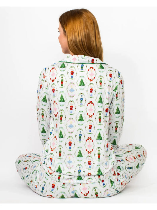 Nutcracker Waltz Long Sleeve Button Up Sleep Shirt White