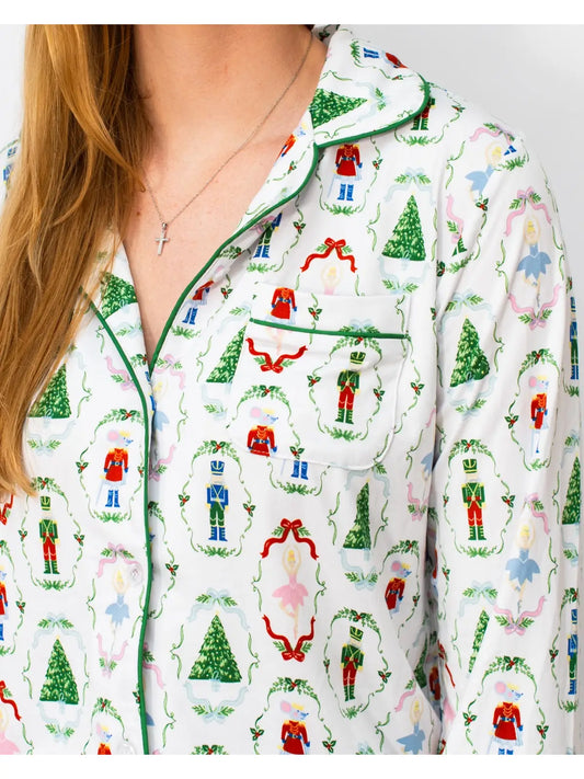 Nutcracker Waltz Long Sleeve Button Up Sleep Shirt White